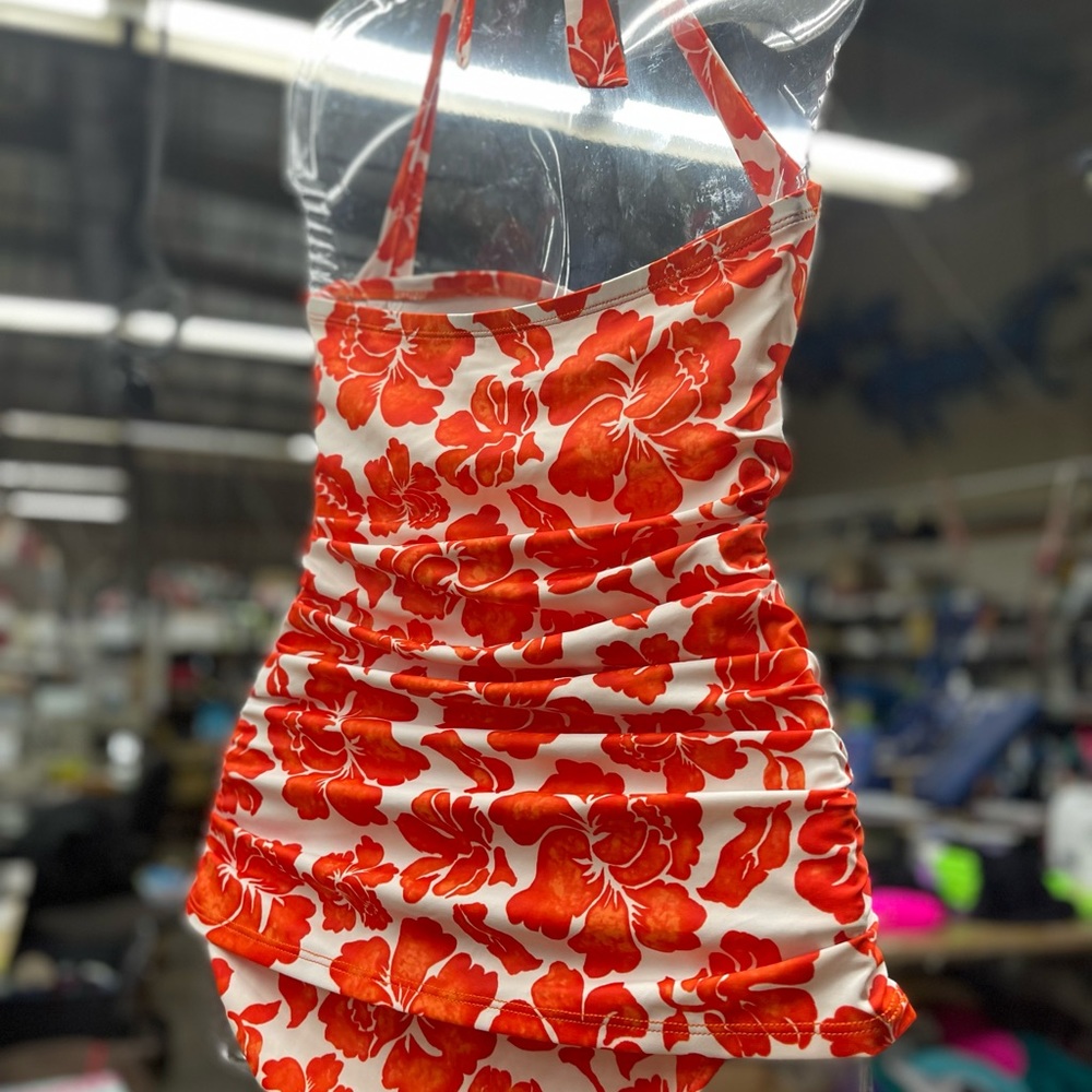 ALPH LAUREN Tropical Print Hawaii Orange 1pc Swim Suit .